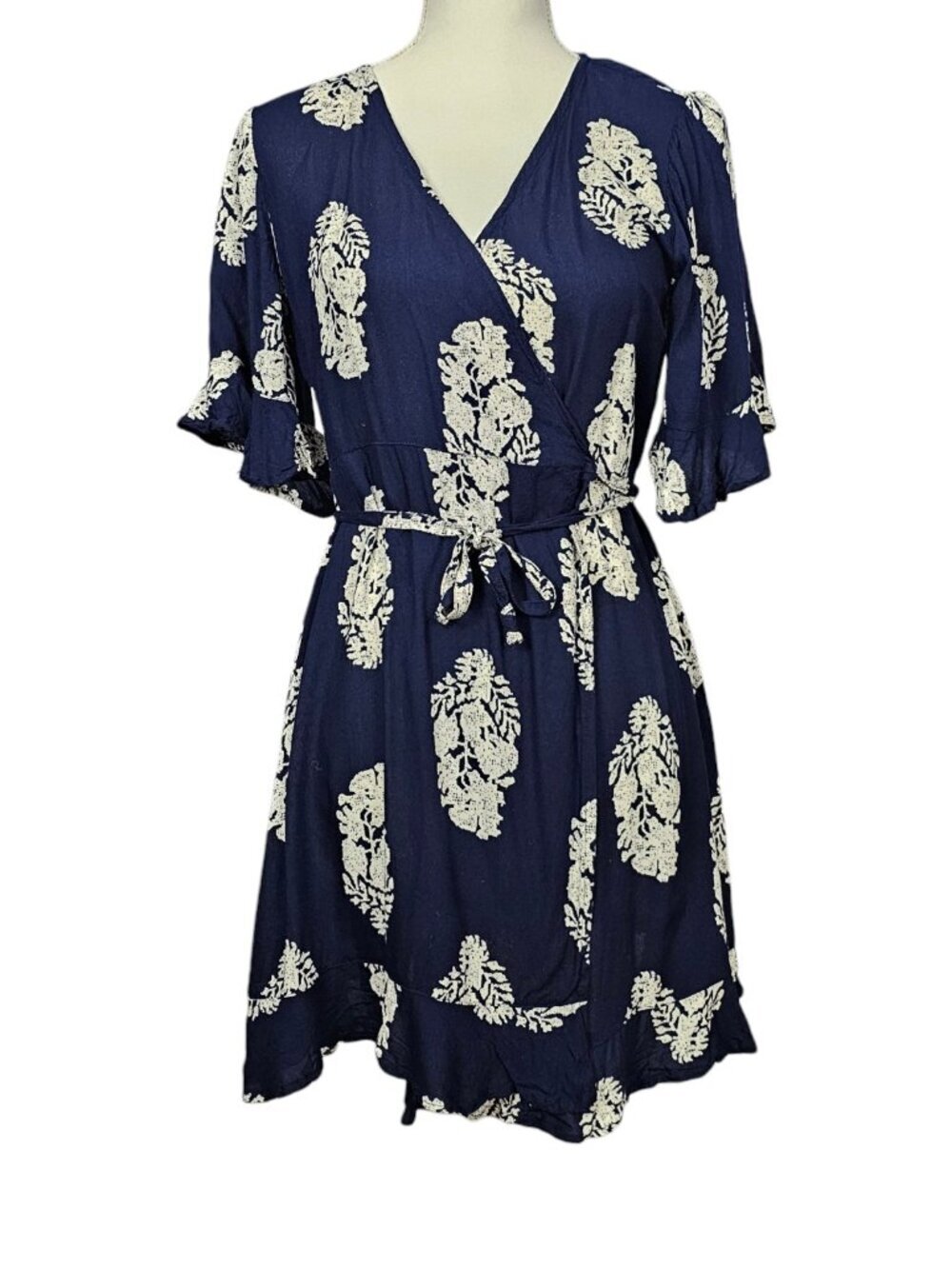 Devi Boho Navy Blue Floral Block Print Faux Wrap Midi Short Sleeve Dress Size L